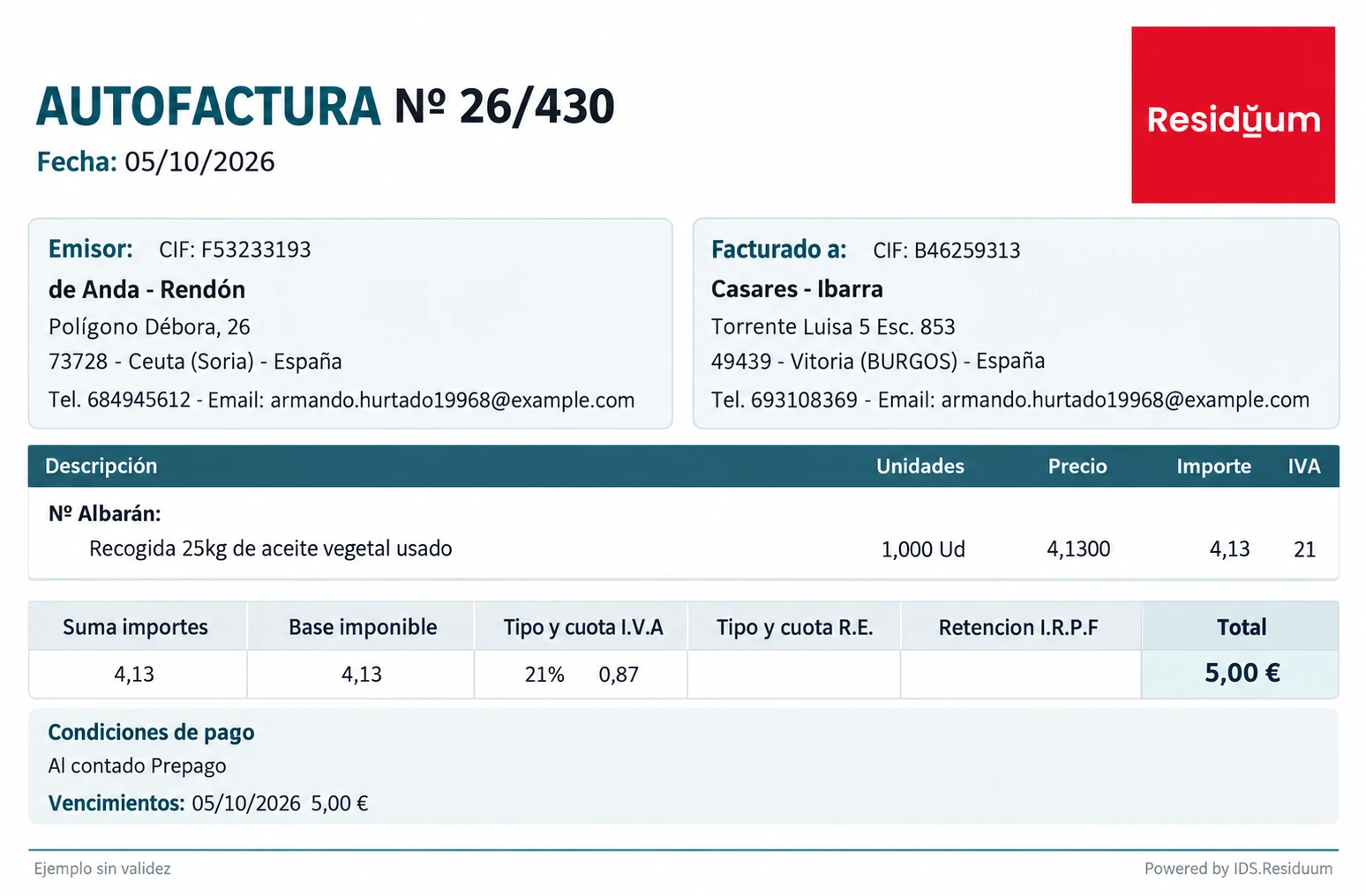 Autofactura de ejemplo 26/430 con logotipo de Residuum, base de 4,13 euros, IVA de 0,87 euros y total de 5,00 euros; ejemplo sin validez.