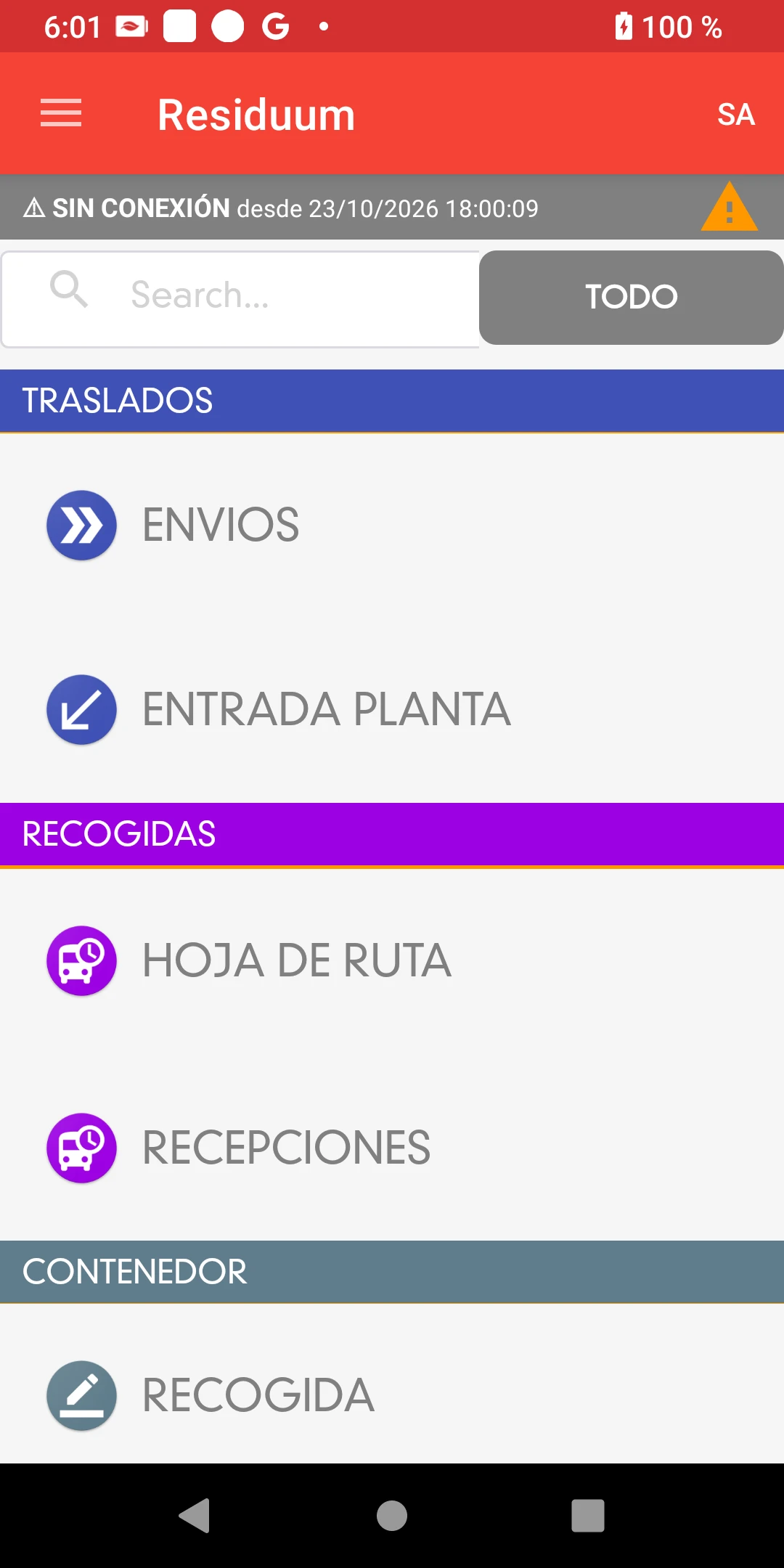 Menú de la app Residuum con aviso Sin conexión y acceso a traslados, recogidas y contenedores.