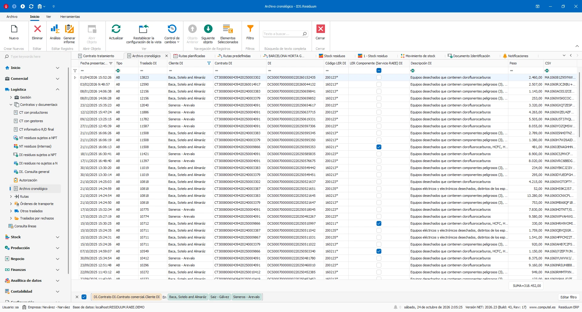 Vista del archivo cronológico de Residuum con líneas de traslado, códigos LER, cantidades y referencias de documento.