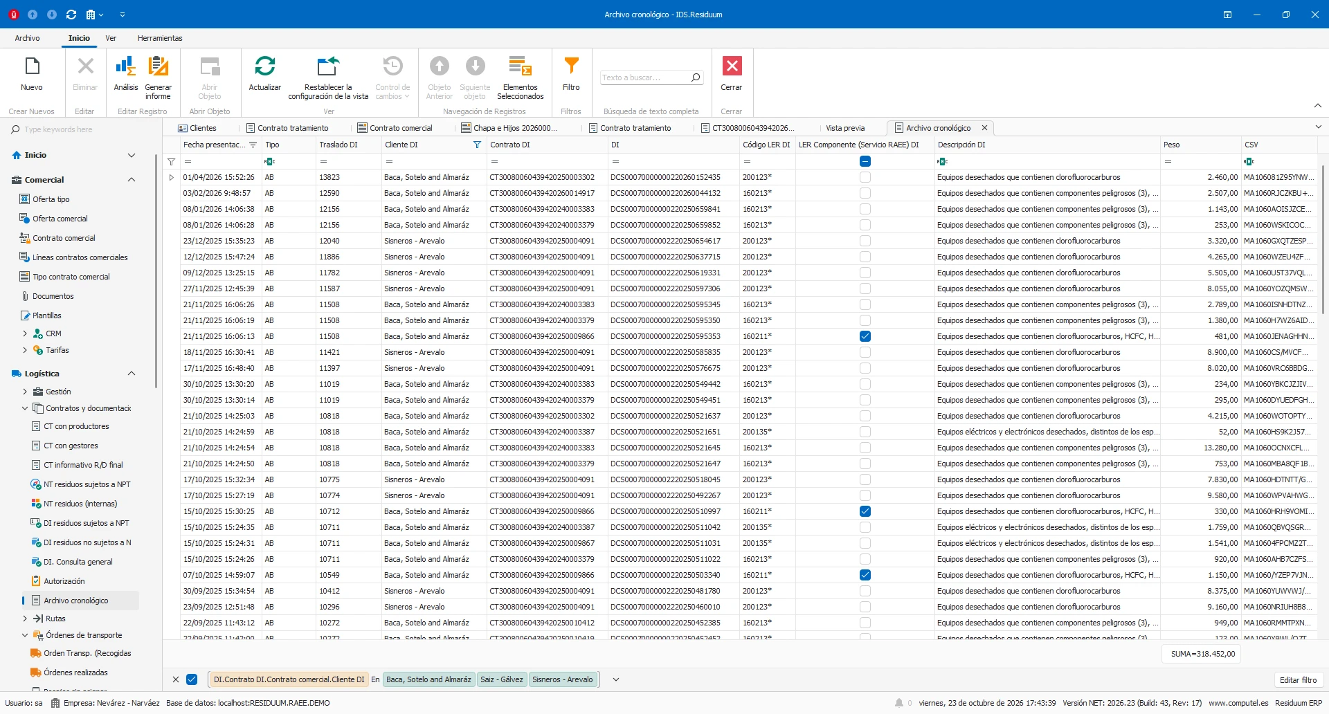 Archivo cronológico en Residuum con líneas de traslado, residuos, cantidades y filtros de periodo.