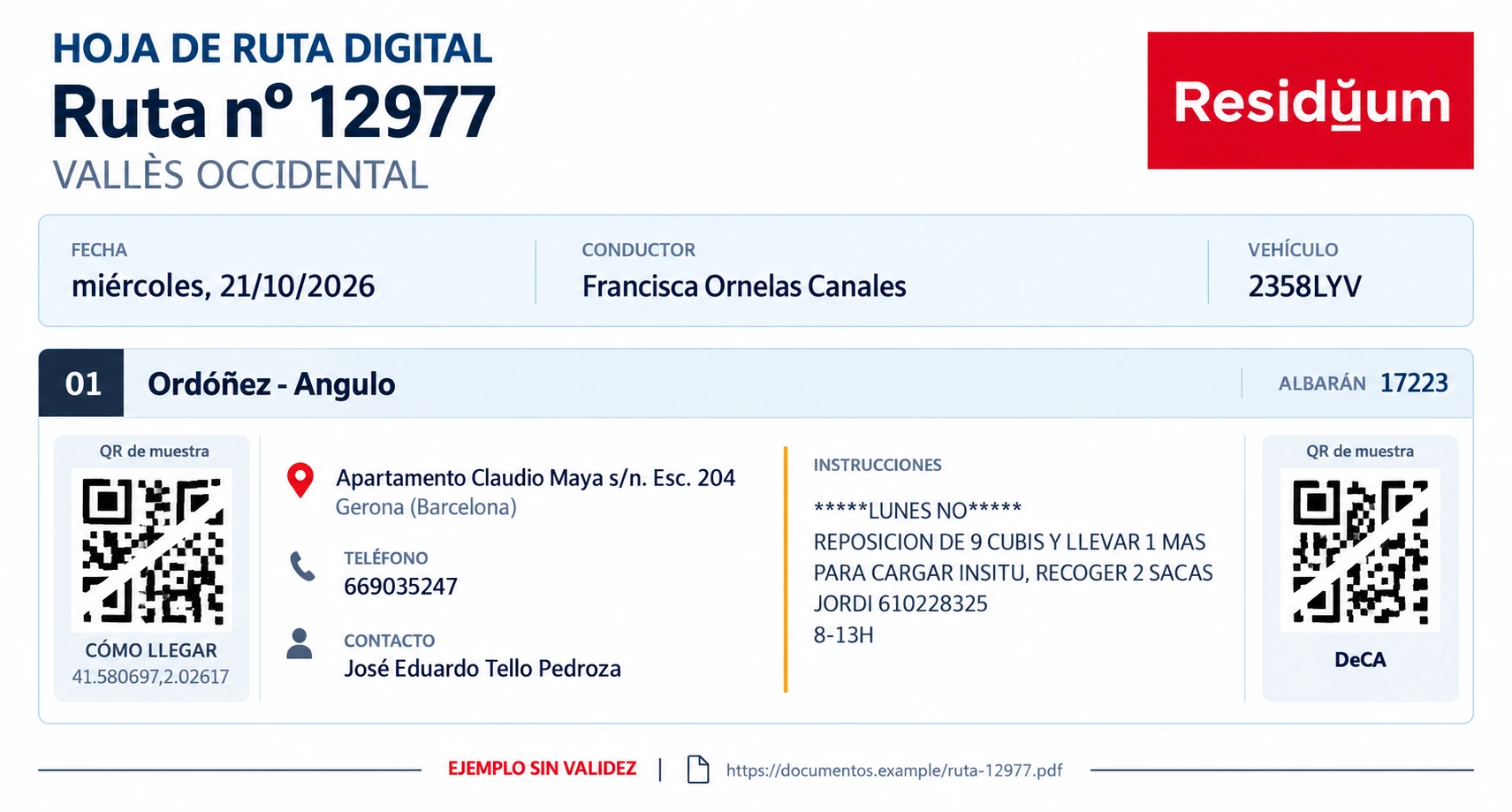 Hoja de ruta 12977 con acceso al DeCA y localización; ambos QR desactivados para la muestra; presentación modernizada.